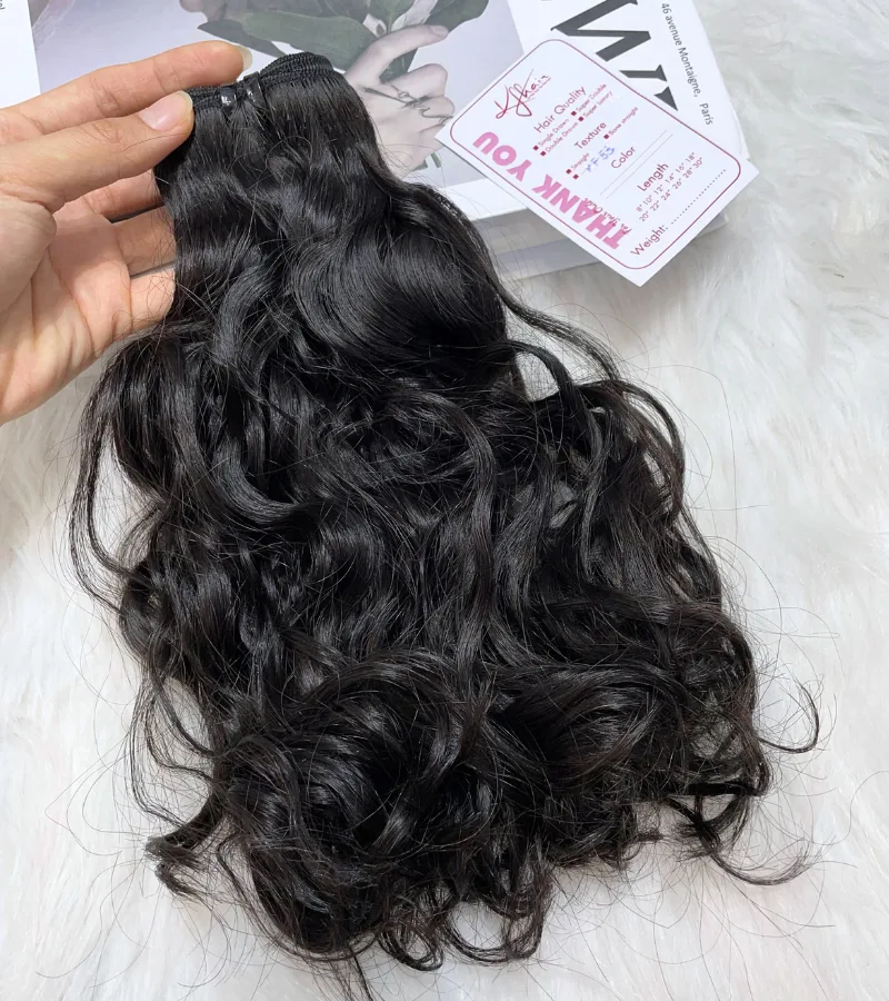 Natural Black Color Natural Wavy Remy Human Hair Weft KF53