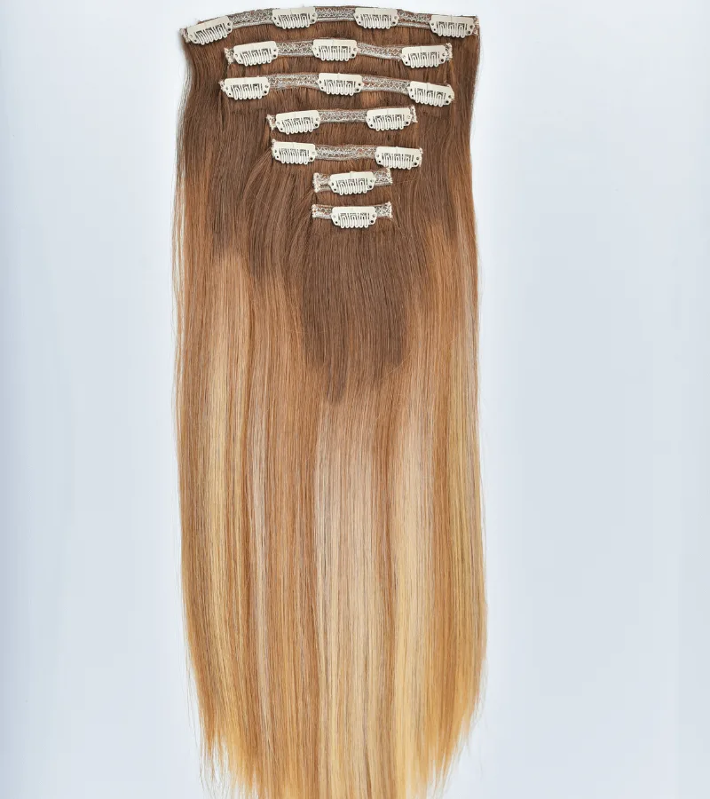 Ash Blonde Mix Platinum Blonde Ombre Color Straight Clip in Hair Extensions 7pcs/120g