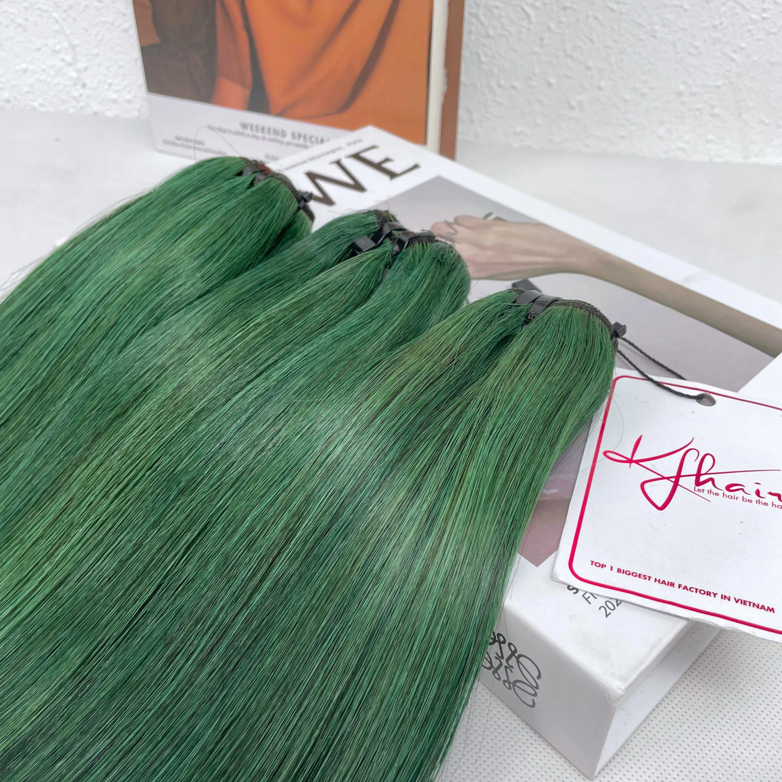 Green Color Bone Straight Remy Human Hair Weft KF10